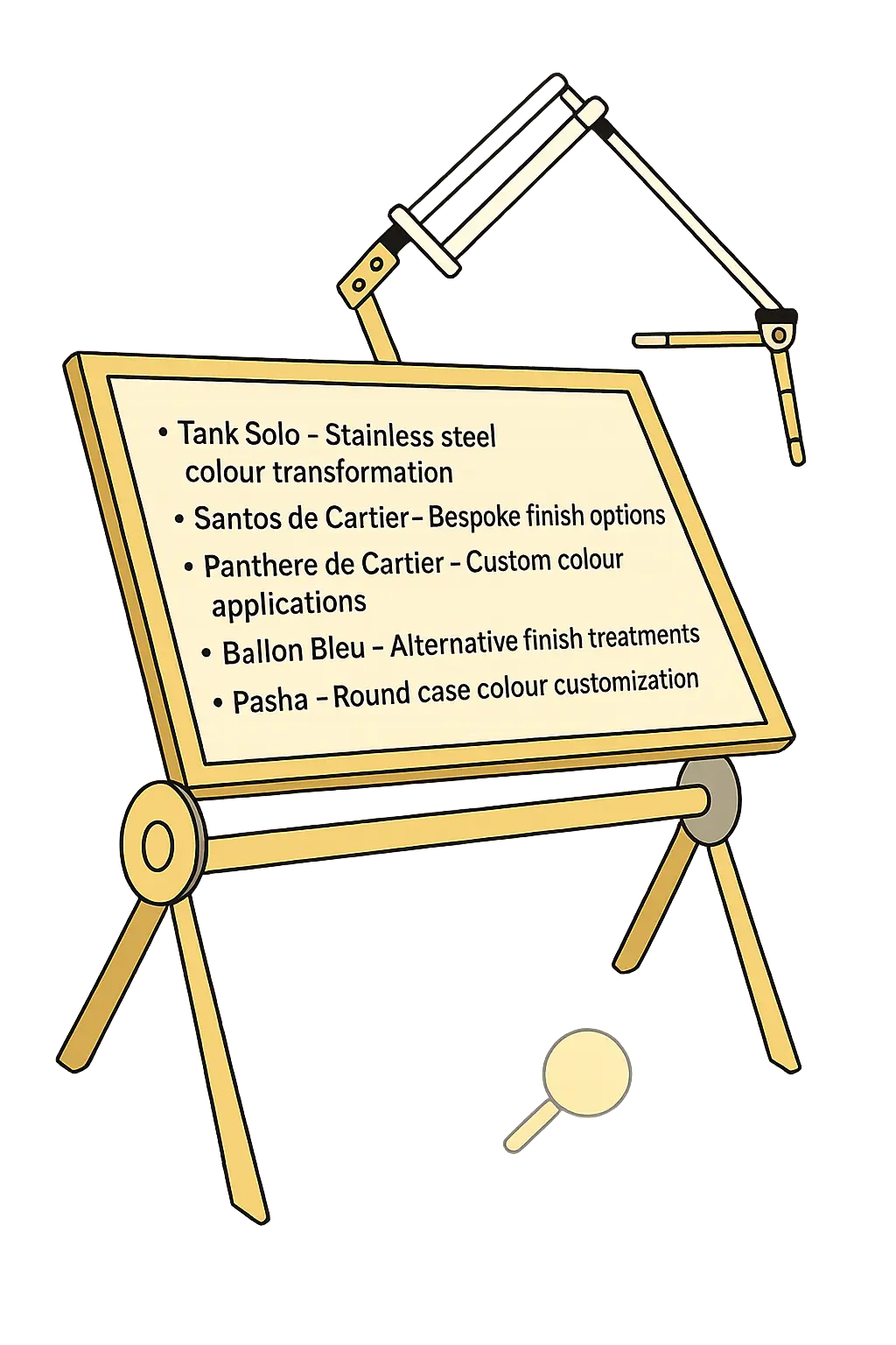 Presentation board on easel displaying Cartier watch plating services including Tank Solo stainless steel transformation, Santos de Cartier bespoke finishes, Panthere custom colours, Ballon Bleu treatments, and Pasha round case customization