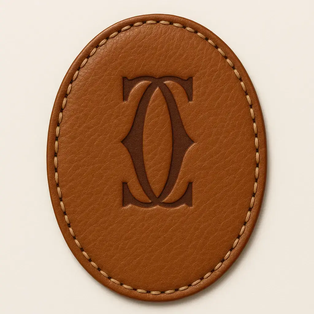 Must de Cartier Ronde brown leather logo patch with embossed Cartier double C monogram and decorative stitching