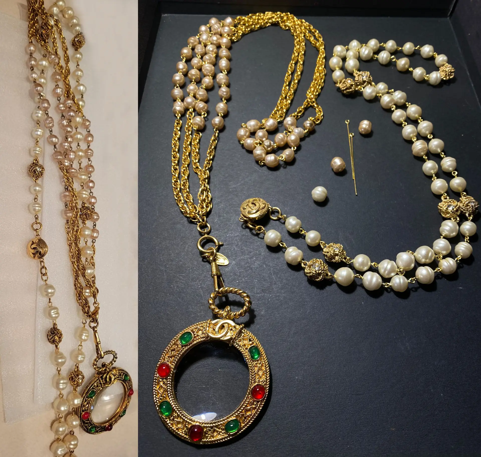 Before and after restoration of vintage 1980s Chanel magnifying glass sautoir necklace and double-strand pearl necklace showing transformation from tangled, worn condition to restored pieces with 24k gold plating and replaced pearls by JWRR London