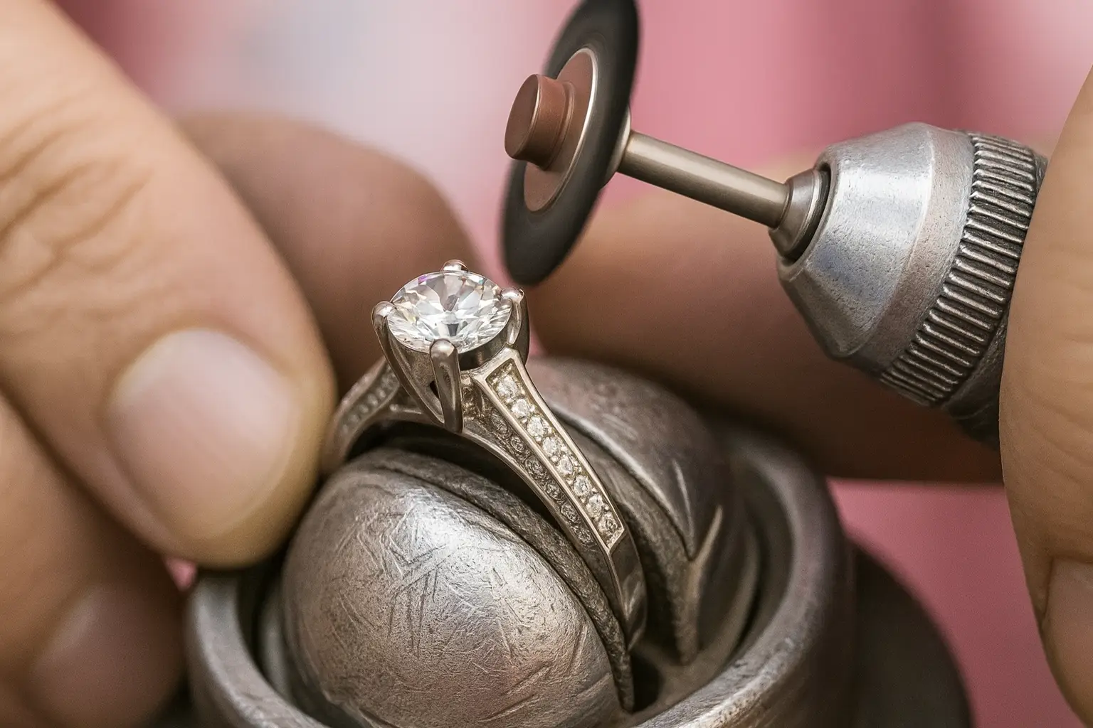 Diamond mounter using a pendant drill and ring holder tools to repair a diamond engagement ring, showing master goldsmith and stone setter in diamond setting and ring restoration