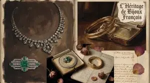 French jewellery heritage collage featuring Art Deco emerald brooch, diamond necklace, antique gold bangles, vintage jewellery box and handwritten French letter - Place Vendôme luxury