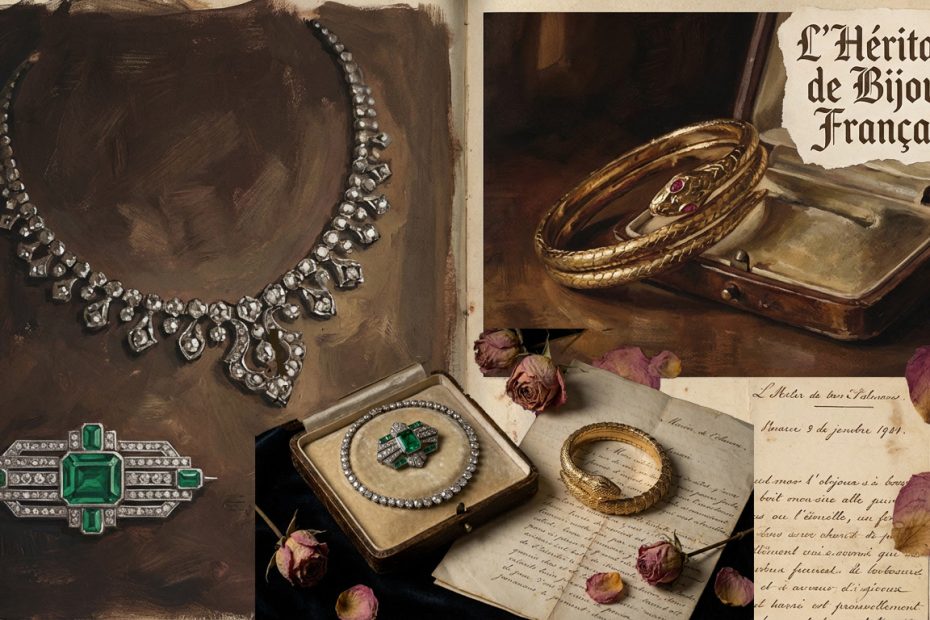 French jewellery heritage collage featuring Art Deco emerald brooch, diamond necklace, antique gold bangles, vintage jewellery box and handwritten French letter - Place Vendôme luxury