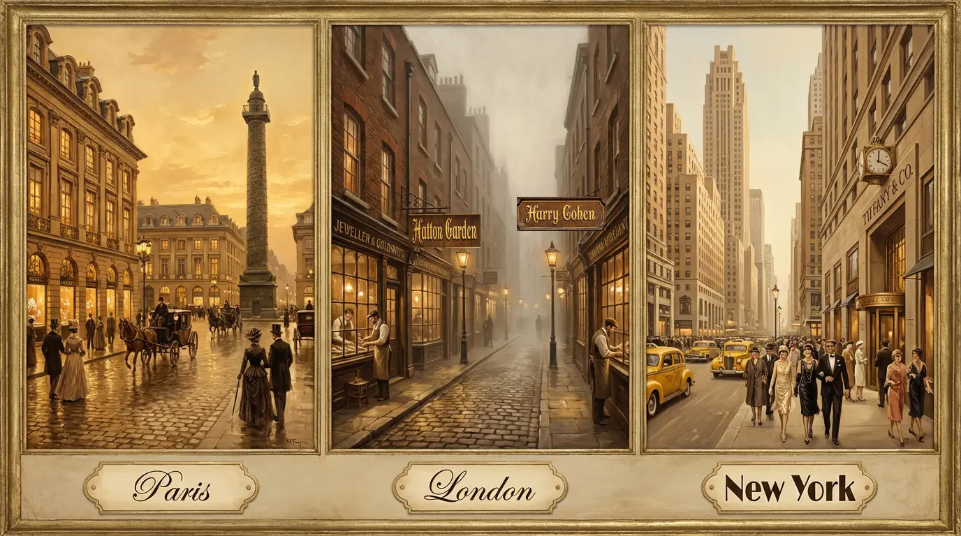 Historic jewellery districts comparison - Place Vendôme Paris, Hatton Garden London, and Fifth Avenue New York with Tiffany & Co.