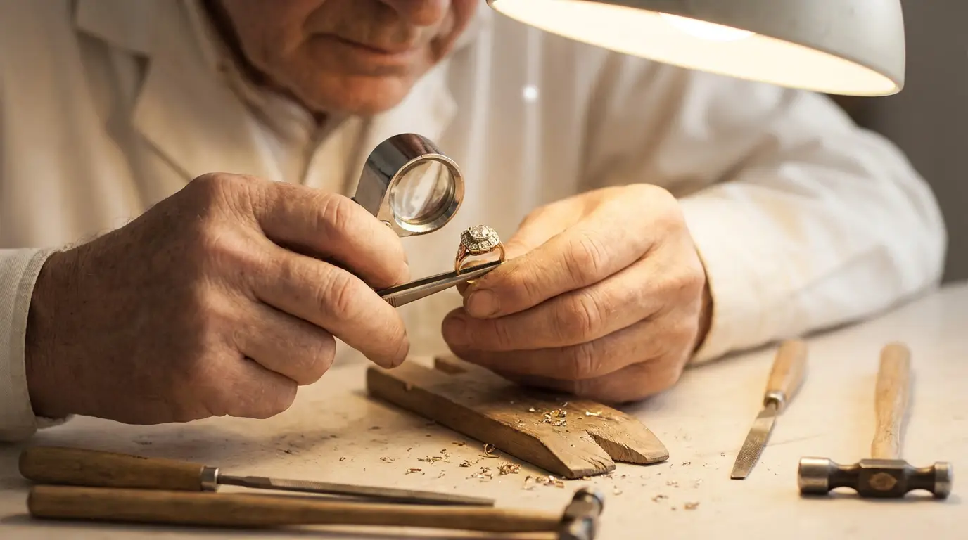 Master jeweller hands at work — handmade restoration philosophy