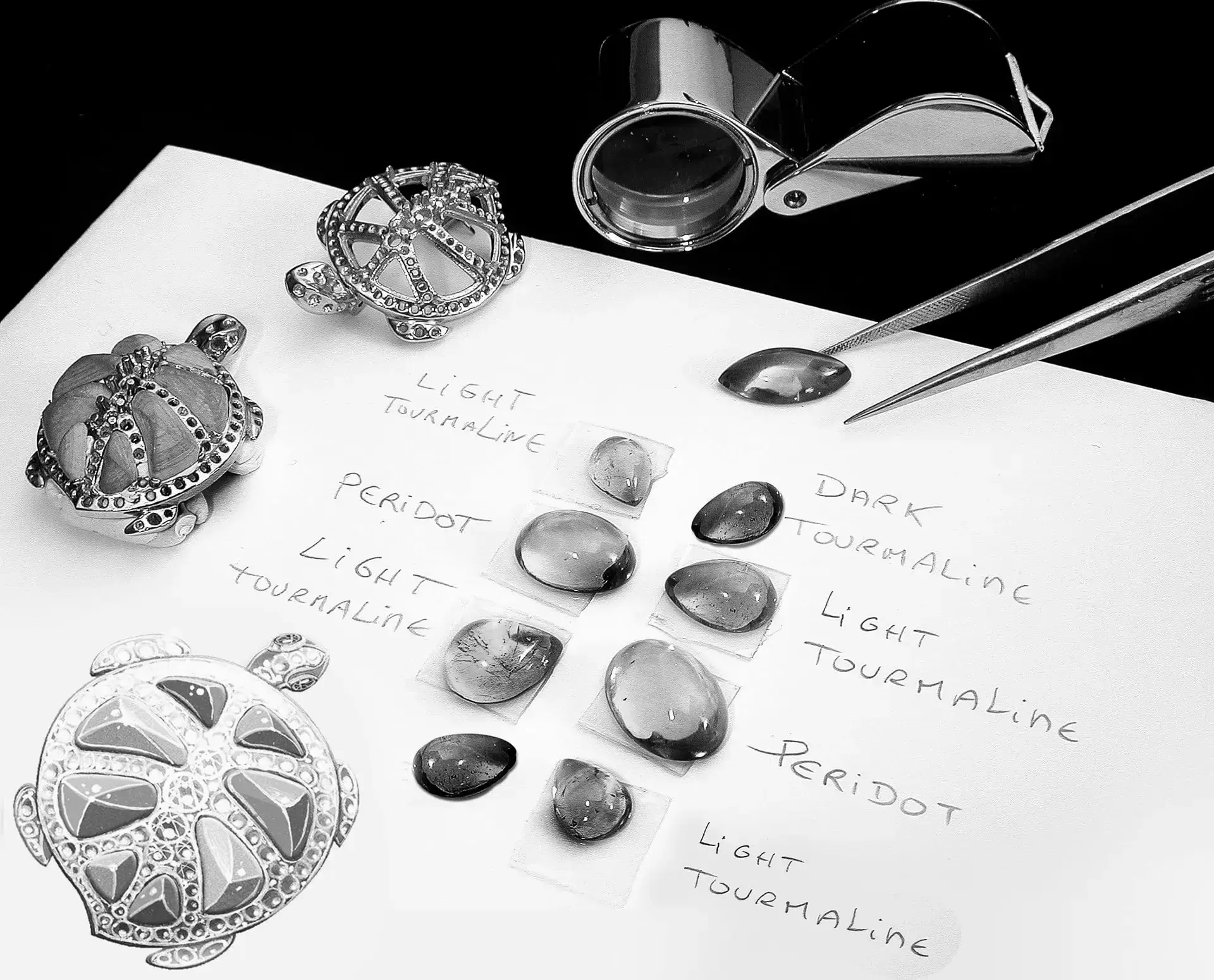 Cabochon and fancy shaped gemstone setting in animal jewellery design