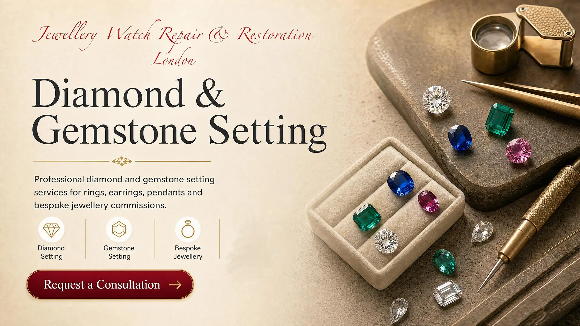 Professional diamond and gemstone setting services for rings, earrings, pendants and bespoke jewellery commissions