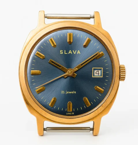 Vintage Slava rose gold plated watch with blue sunburst dial, Russian Soviet timepiece showing professional rose gold plating work on case and hands